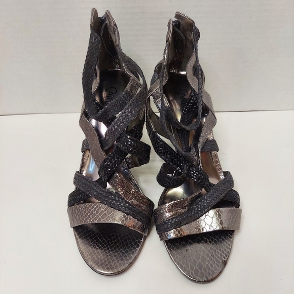 Carlos Santana Leather Pewter Silver Snakeskin Strappy Stiletto High Heels - Picture 3 of 10